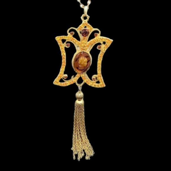 Huge Vintage Dodds Glass Cameo Rhinestone Necklace - Picture 4 of 8